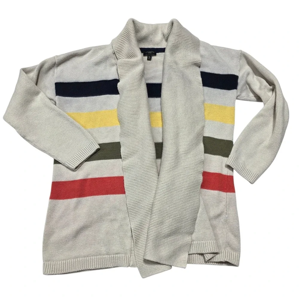 Talbots Striped Shawl Collar Cardigan Sweater Beige Navy Yellow Green Red ‎ MP